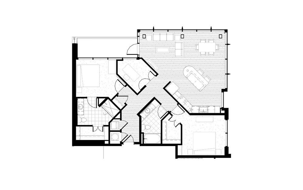 B22 - 2 bedroom floorplan layout with 2 baths and 1384 square feet.